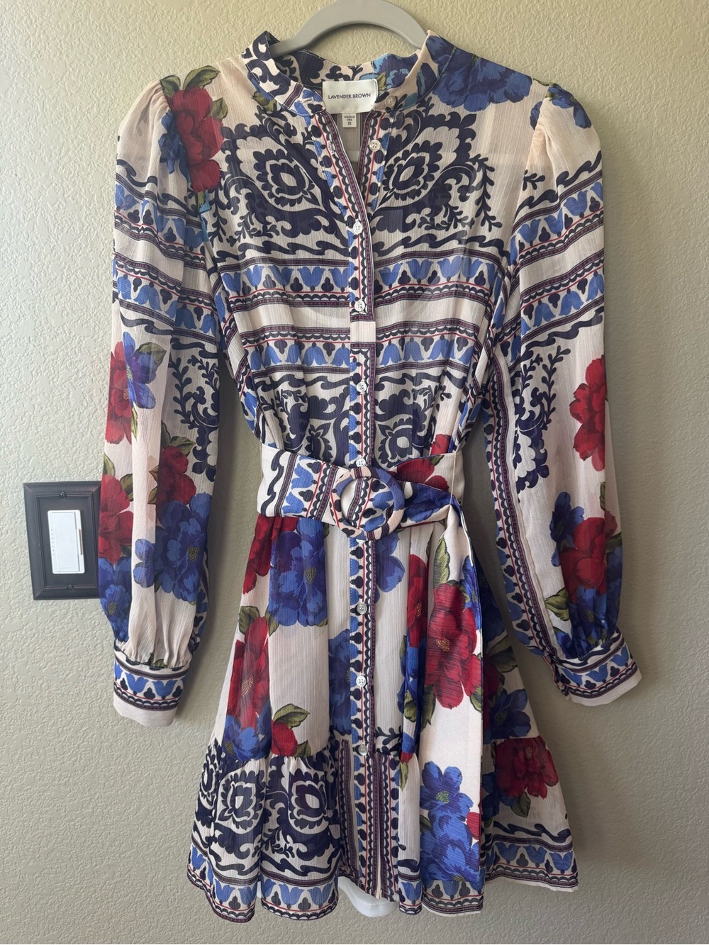 Lavender Brown Elizabeth Mini Dress XS Cream Blue Red Floral Print NWT $343